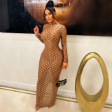 Fashion See Through Slim Long Sleeve Maxi Dress YS-865
