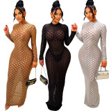 Fashion See Through Slim Long Sleeve Maxi Dress YS-865