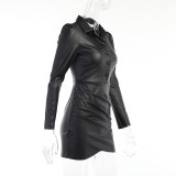 Solid  Long Sleeve Lapel Neck Pleated Mini Dress FL-21618
