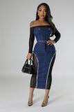 Fashion Mesh Patchwork Denim Two Piece Skirt Set BS-1356