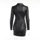 Solid  Long Sleeve Lapel Neck Pleated Mini Dress FL-21618