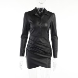 Solid  Long Sleeve Lapel Neck Pleated Mini Dress FL-21618