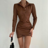 Solid  Long Sleeve Lapel Neck Pleated Mini Dress FL-21618