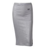 Metallic Color Patchwork Slim Split Skirt FL-YL23477MH