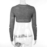 Letter Print Holes Long Sleeve Short Tops FL-YY23452