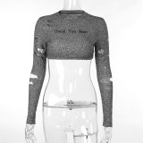 Letter Print Holes Long Sleeve Short Tops FL-YY23452