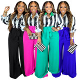 Plus Size Casual Stripe Shirt And Wide Leg Pants Two Piece Set NNWF-7946