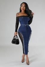 Fashion Mesh Patchwork Denim Two Piece Skirt Set BS-1356