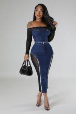 Fashion Mesh Patchwork Denim Two Piece Skirt Set BS-1356