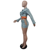 Denim Patchwork Long Sleeve Jacket And Shorts Two Piece Set MEM-88520