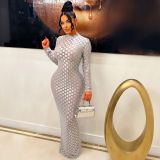 Fashion See Through Slim Long Sleeve Maxi Dress YS-865