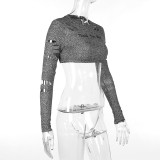 Letter Print Holes Long Sleeve Short Tops FL-YY23452