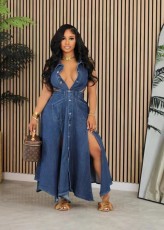 Plus Size Sexy Sleeveless Loose Denim Split Maxi Dress WAF-77635