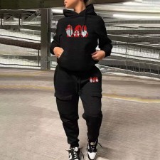 Plus Size Santa Claus Print Long Sleeve Hoodies Two Piece Pants Set WAF-7515345