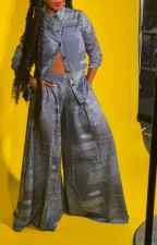 Casual Print Long Sleeve Wide Leg Pants Two Piece Set MK-3185