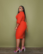 Plus Size Solid Long Sleeve Tie Up Two Piece Skirt Set XMF-9092
