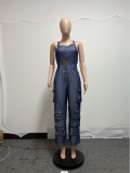 Faux Denim Fashion Halter Jumpsuit QYXZ-9143