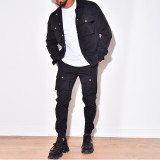 Men's Plus Size Solid Multi-Pockets Slim Two Piece Pants Set GXWF-FJ-088