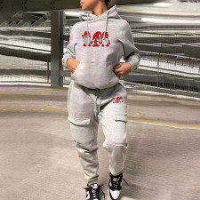 Plus Size Santa Claus Print Long Sleeve Hoodies Two Piece Pants Set WAF-7515345