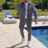 Men's Plus Size Solid Multi-Pockets Slim Two Piece Pants Set GXWF-FJ-088