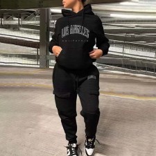 Plus Size Letter Print Hooded Sweatshirt And Pants 2 Piece Set WAF-7515346