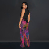 Colorful Printed V-Neck Sleeveless Pants Two Piece Set BY-6708