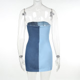 Wrap Chest Ruffle Denim Color Blocking Mini Dress FL-23497