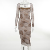One Shoulder Lace Lace Long Sleeve Maxi Dress FL-23603