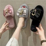 Warm Bowknot Metal Chain Flat Heel Open Slippers ZFLX-FL-70