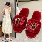 Warm Bowknot Metal Chain Flat Heel Open Slippers ZFLX-FL-70