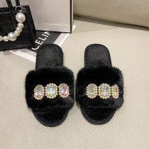 Pearl Rhinestone Chain Fuzzy Warm Cotton Slippers ZFLX-FL-77