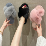 Plush Cross Strap Warm Rabbit Fur Slippers ZFLX-FL-74