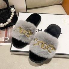 Metal Twist Chain Furry Warm Slippers ZFLX-FL-64
