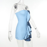 Wrap Chest Ruffle Denim Color Blocking Mini Dress FL-23497