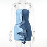 Wrap Chest Ruffle Denim Color Blocking Mini Dress FL-23497