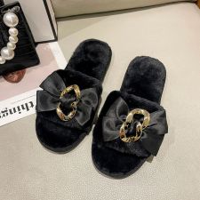 Warm Bowknot Metal Chain Flat Heel Open Slippers ZFLX-FL-70