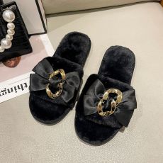 Warm Bowknot Metal Chain Flat Heel Open Slippers ZFLX-FL-70