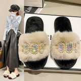 Pearl Rhinestone Chain Fuzzy Warm Cotton Slippers ZFLX-FL-77