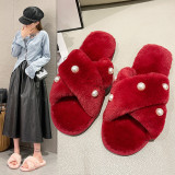 Peal Furry Warm Flat Heel Crossover One Word Slippers ZFLX-FL-71