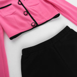 Shoulder Pads Clashing Color Short Jacket Two Piece Shorts Set FL-23549