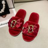 Warm Bowknot Metal Chain Flat Heel Open Slippers ZFLX-FL-70