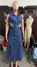 Plus Size Sexy Sleeveless Loose Denim Split Maxi Dress WAF-77635