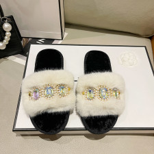 Pearl Rhinestone Chain Fuzzy Warm Cotton Slippers ZFLX-FL-77