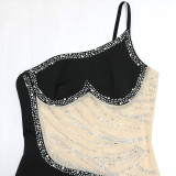 Mesh Patchwork Hot Drill Sling Mini Dress CYA-900756