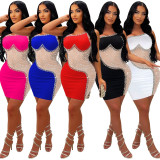 Mesh Patchwork Hot Drill Sling Mini Dress CYA-900756