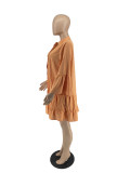 Solid Color Ruffles Sleeve Loose Midi Dress YH-5301