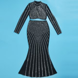 Long Sleeve Hot Drill Tight Tops And Fishtail Skirt 2 Piece Set NY-2856