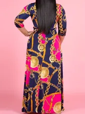 Plus Size Printed Patchwork V-Neck Tie Up Maxi Dress SH-390625