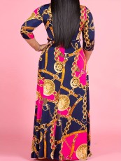 Plus Size Printed Patchwork V-Neck Tie Up Maxi Dress SH-390625