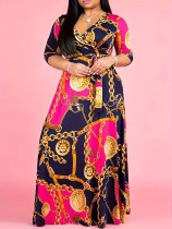 Plus Size Printed Patchwork V-Neck Tie Up Maxi Dress SH-390625